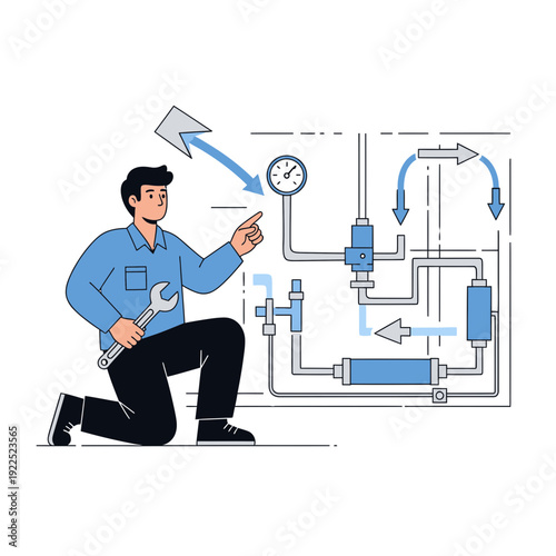Man kneeling with a wrench next to an industrial piping system and gauges.