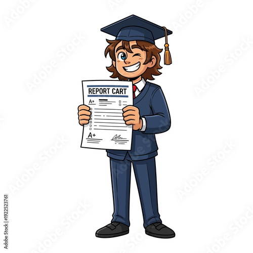 Cartoon graduate in cap and gown holding a report card with high grades.