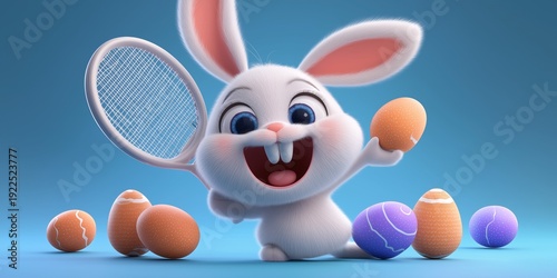 Fröhlicher 3D-animierter Cartoon-Hase mit Tennisschläger und bunten Ostereiern vor blauem Hintergrund