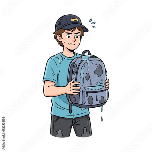 Boy with a wet backpack and worried expression, wearing a cap and casual clothes.