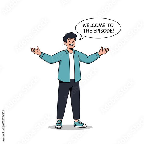 Cartoon man welcoming with open arms and speech bubble saying "Welcome to the episode!"