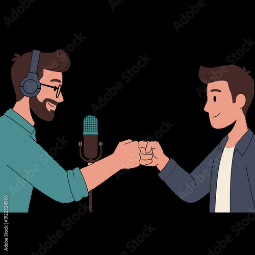 Two men fist bumping in front of a microphone during a podcast recording.