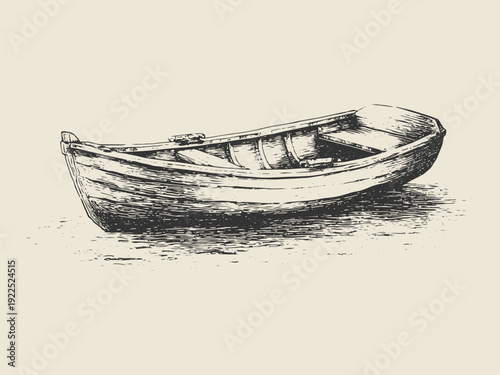Rowboat Vintage Nautical Marine Boat Engraving Vector Illustration in maritime style. Hand-drawn vessel isolated on a light background, ideal for coastal themes, maritime design, and sailing projects.