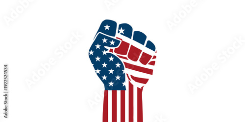 American flag raised fist symbol of freedom and patriotic unity graphic illustration, A fist painted in colors of american flag.