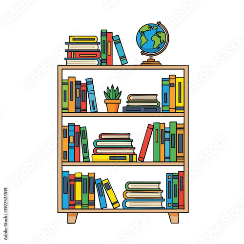 Colorful Bookshelf with Books Globe and Potted Plant for Home or Office Decor