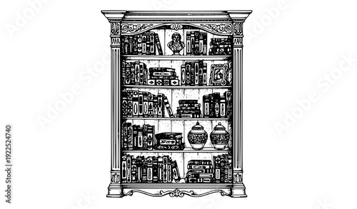 Vintage Library Bookshelf Engraving Hand Drawn Interior Doodle Vector Art
