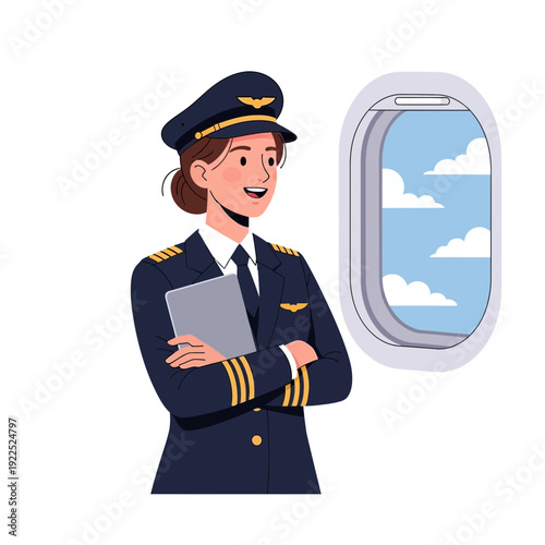 Female pilot standing by airplane window with arms crossed and holding a clipboard.