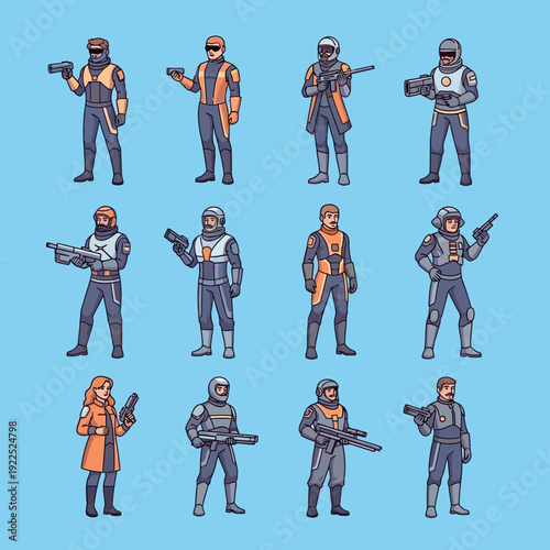 Collection of animated characters dressed as futuristic soldiers with weapons.