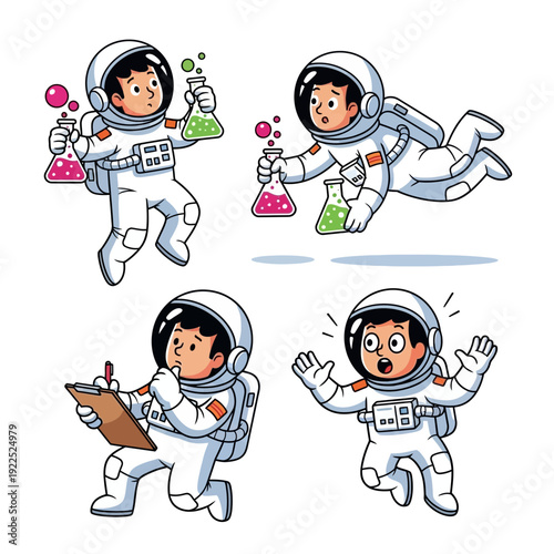 Four cartoon children in space suits conducting experiments and taking notes.