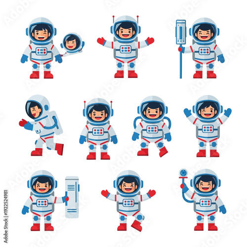 Cartoon children in space suits with various poses and expressions.