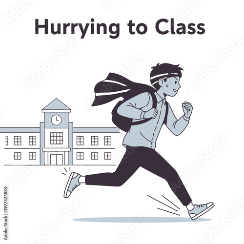 A student running towards school with a backpack, indicating urgency to attend class.
