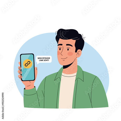 Man holding smartphone with a notification about a new episode link.