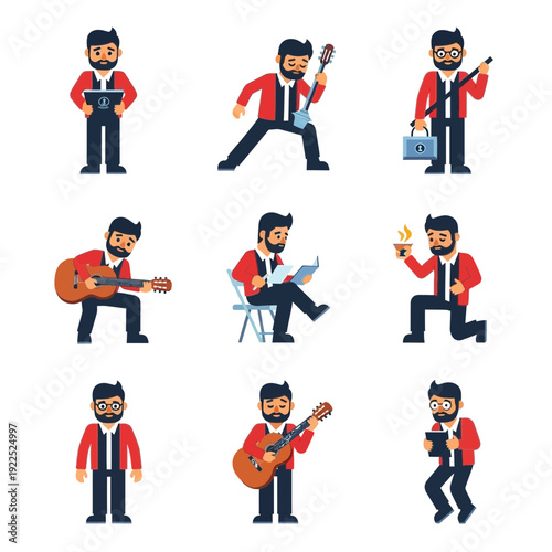 Collection of cartoon men playing musical instruments and engaging in musical activities.