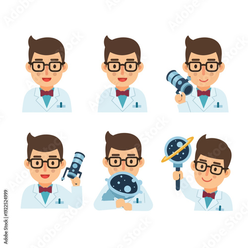 Cartoon scientist character with glasses and various space-themed props.