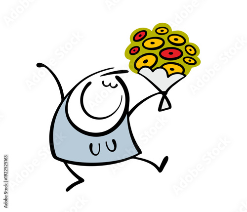 Satisfied woman is dancing with a gorgeous bouquet of flowers. Vector illustration of a cartoon female character and a holiday gift. Funny stickman girl enjoys  surprise and attention from a man.
