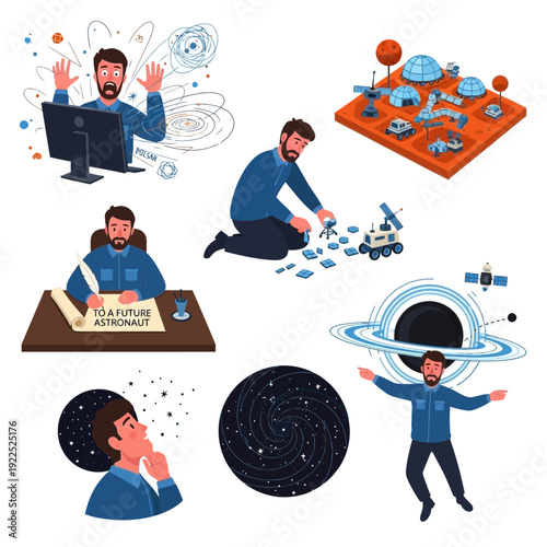 Cartoon illustrations of a person experiencing stress, space exploration, and astronomy activities.