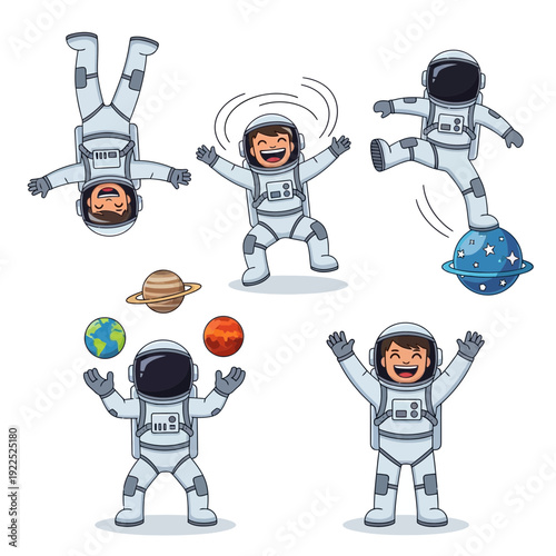 Cartoon children in space suits playing with planets and stars.