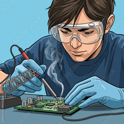 Person working on electronic circuit board with soldering iron and safety glasses.