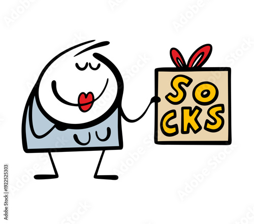 Satisfied girl is looking forward to man holiday, she has prepared a gift. Vector illustration of a cartoon character holding a large box of socks for her husband. a boyfriend. An unexpected gift.