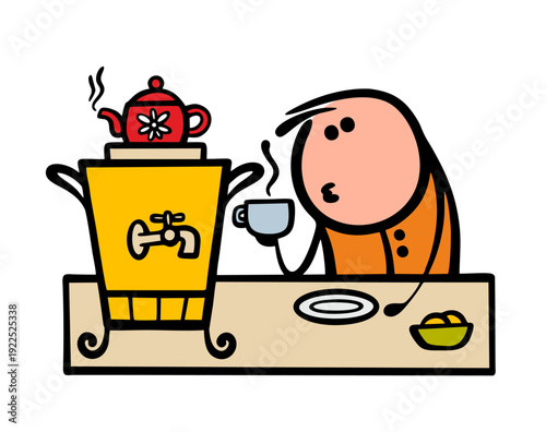Traditional Russian tea drinking at the table. Vector illustration of a rich feast, treats and a samovar with hot tea. A cartoon stickman blows on a drink in a saucer. Steam is coming.