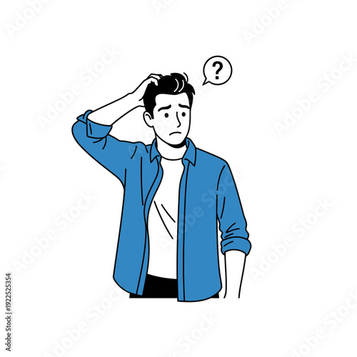 Illustration of a confused young man scratching his head with a question mark above.