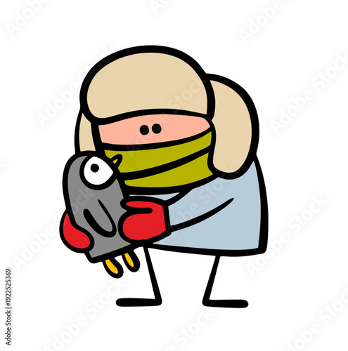 Funny cute cartoon character in a fur hat, warm palno, holds a penguin from Antarctica. Vector illustration of stickman catching a wild bird at the south pole. A pet at the zoo.