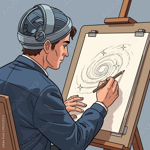 Person drawing a galaxy on a canvas with a pencil and easel.