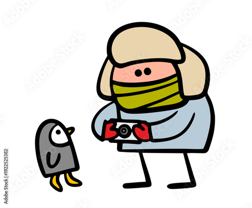 Funny stickman in warm clothes and a fur hat takes pictures of a little penguin in Antarctica. Vector illustration of a wild animal, bird and tourist at the south pole. Cold weather, frost.