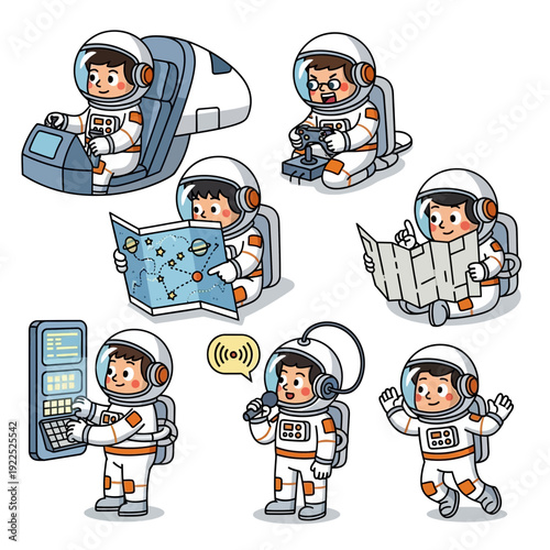 Cartoon astronauts engaging in space exploration activities with various equipment.