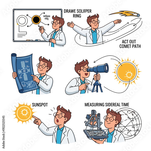 Illustration of scientists demonstrating solar system and astronomical concepts.