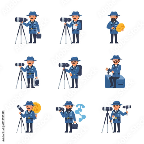 Cartoon man dressed as a detective with a magnifying glass and camera equipment