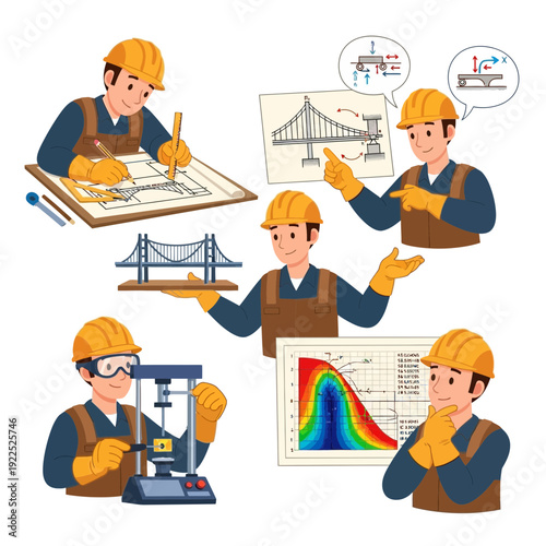 Group of engineers and architects discussing bridge construction and scientific data.