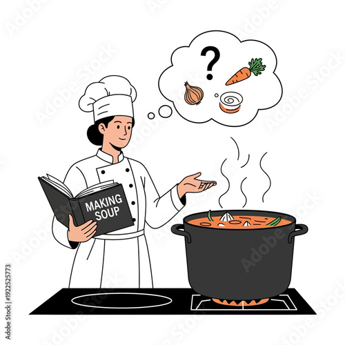 Chef preparing soup with ingredients like carrot, onion, and spices depicted in thought bubble.