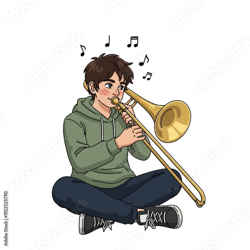 Young person sitting cross-legged, playing a trombone with musical notes around.