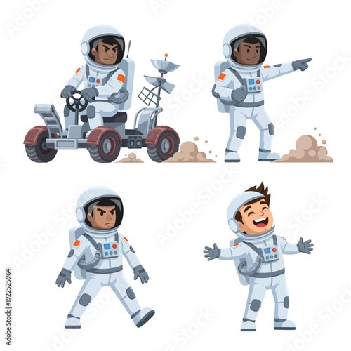 Four cartoon astronauts in space suits engaging in various activities.