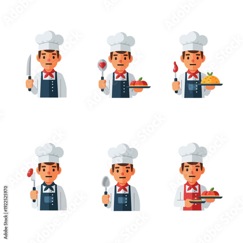 Six cartoon chefs holding various kitchen utensils and ingredients.