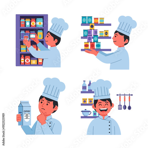 Chef organizing and handling various kitchen ingredients and utensils.