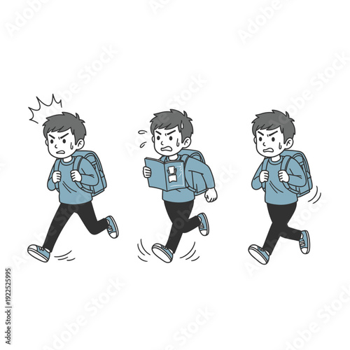 Three boys walking with backpacks, appearing to be in a hurry or running.