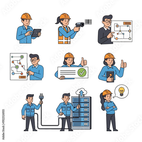 Collection of cartoon characters working with technology and electrical equipment.