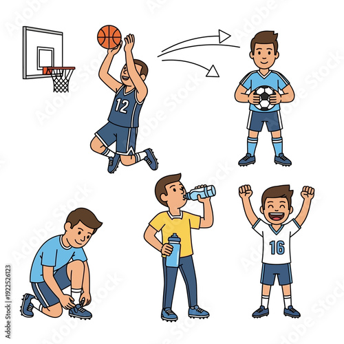 Children playing basketball, drinking water, tying shoes, and celebrating.
