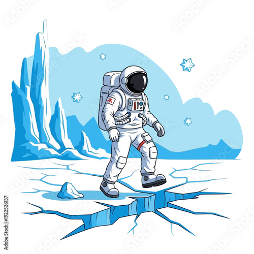 Astronaut standing on cracked icy surface in a snowy landscape.