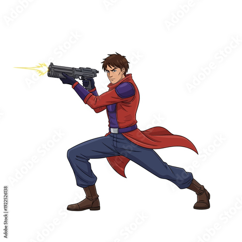 Young man in a dynamic stance firing a futuristic gun.