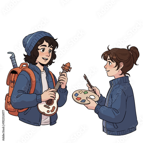 Two young women engaging in a creative activity with a ukulele and paint palette.