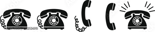 Retro telephone and handset silhouette vector set for communication contact call center and support service design