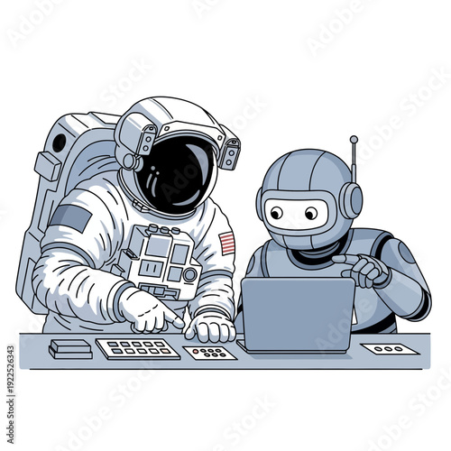Cartoon astronauts working together on a laptop and control panel.