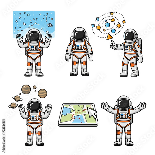 Cartoon astronauts in space suits engaging in various space activities.