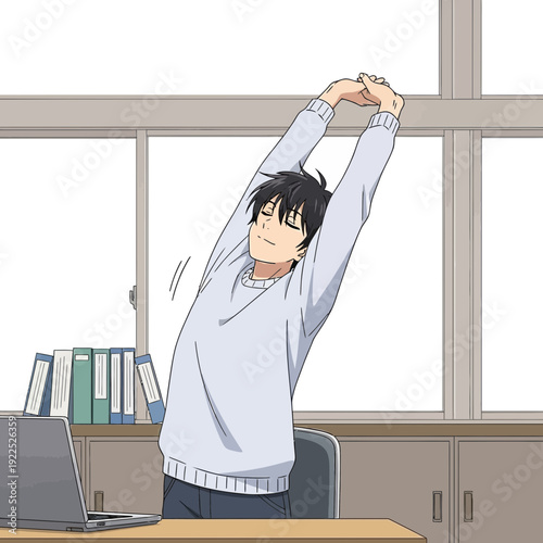 Young man stretching at desk in a room with books and a window.