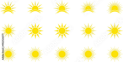 Sun icons and sunrise symbols vector set for summer weather forecast daylight and solar energy design