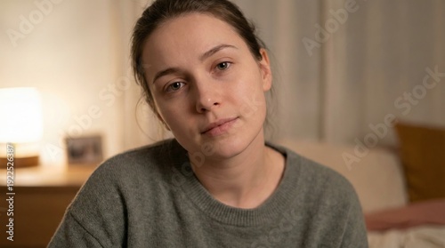 Young woman with natural, makeup-free beauty and direct gaze in a cozy apartment evening setting, head-and-shoulders portrait conveying authenticity, thoughtfulness and relaxed warmth