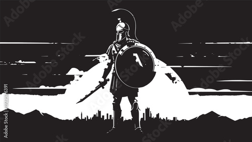 Solitary warrior figure standing with shield beside crashing ocean waves on a stark beach.